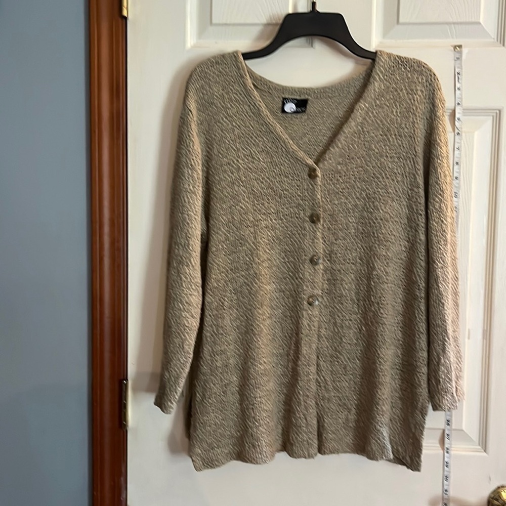 First option-size M-Tan- V-neck, 3/4 sleeve, loosely woven, lightweight cardigan